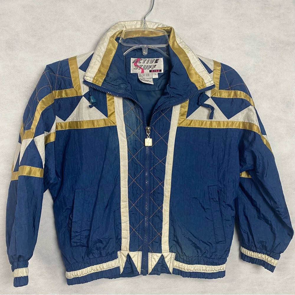 Vintage Active Stuff Kids Jacket Boys Sz 7 Blue Windbreaker Full Zip Flaw